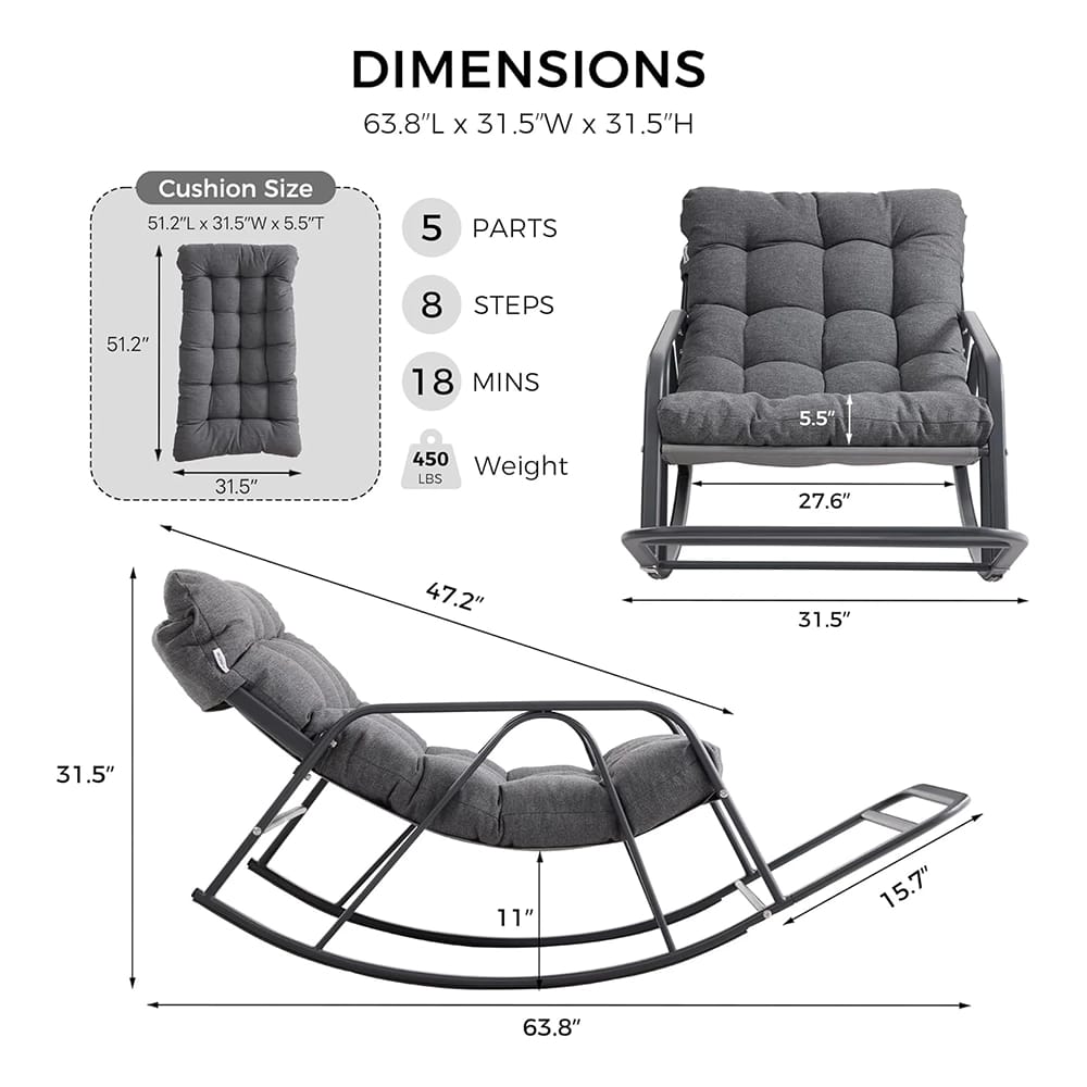 IRONCK Indoor/Outdoor Rocking Chair with Cushion, Gray