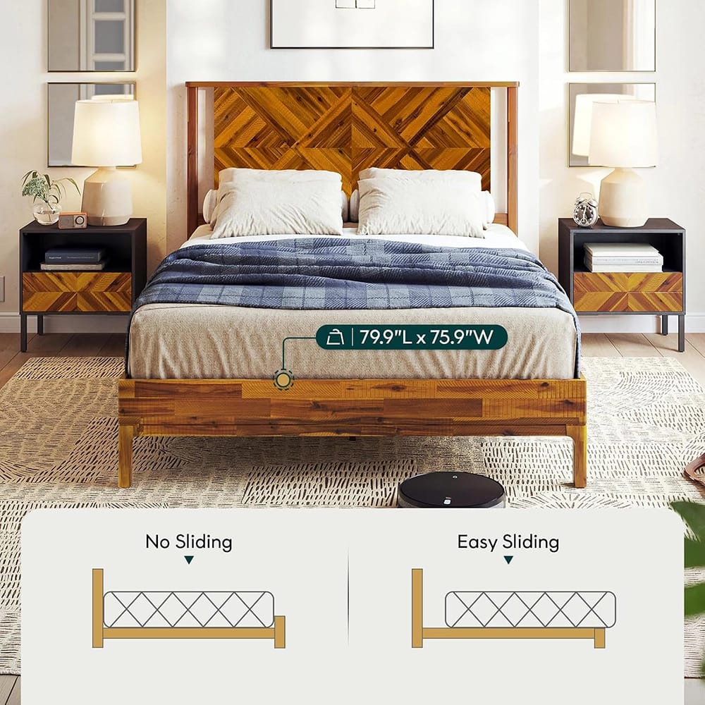 Bme Ethan Queen Solid Acacia Wood Bed Frame With Diamond Headboard, Rustic Caramel