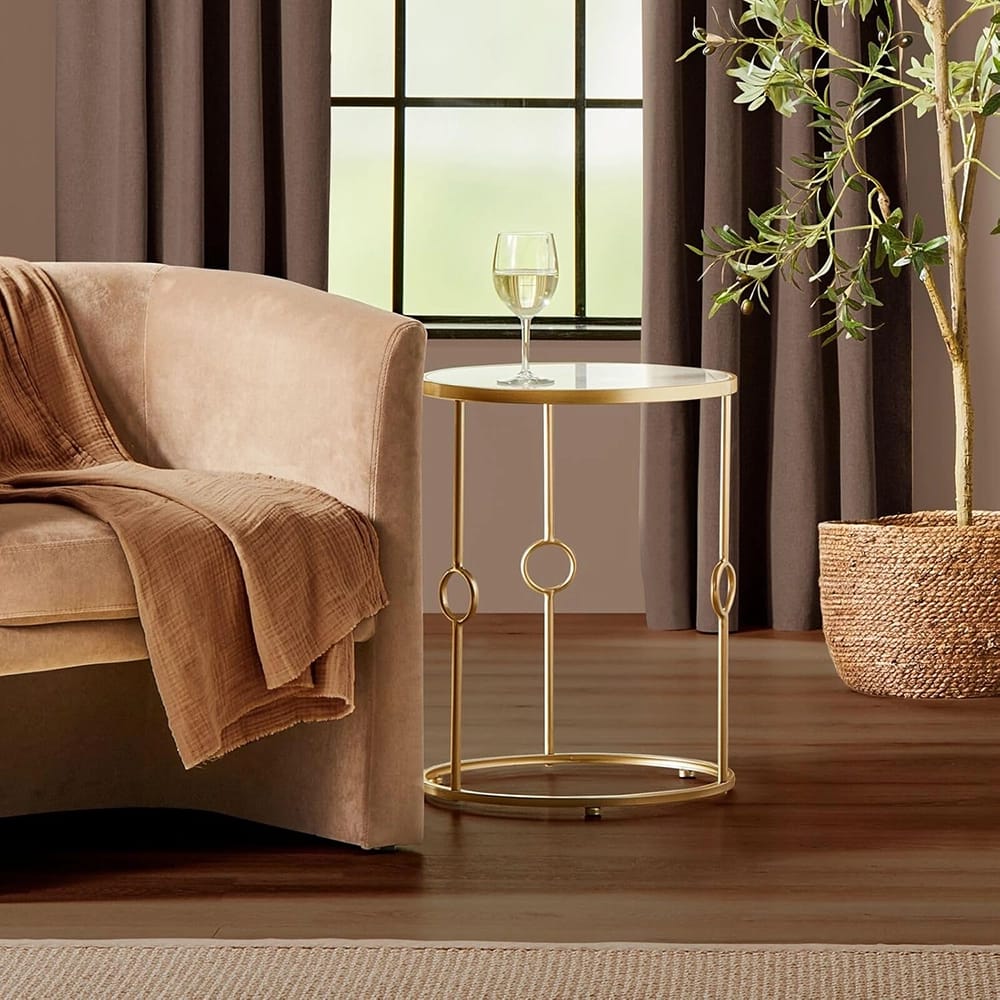 mDesign Round Metal Side Table, Brass/Marble