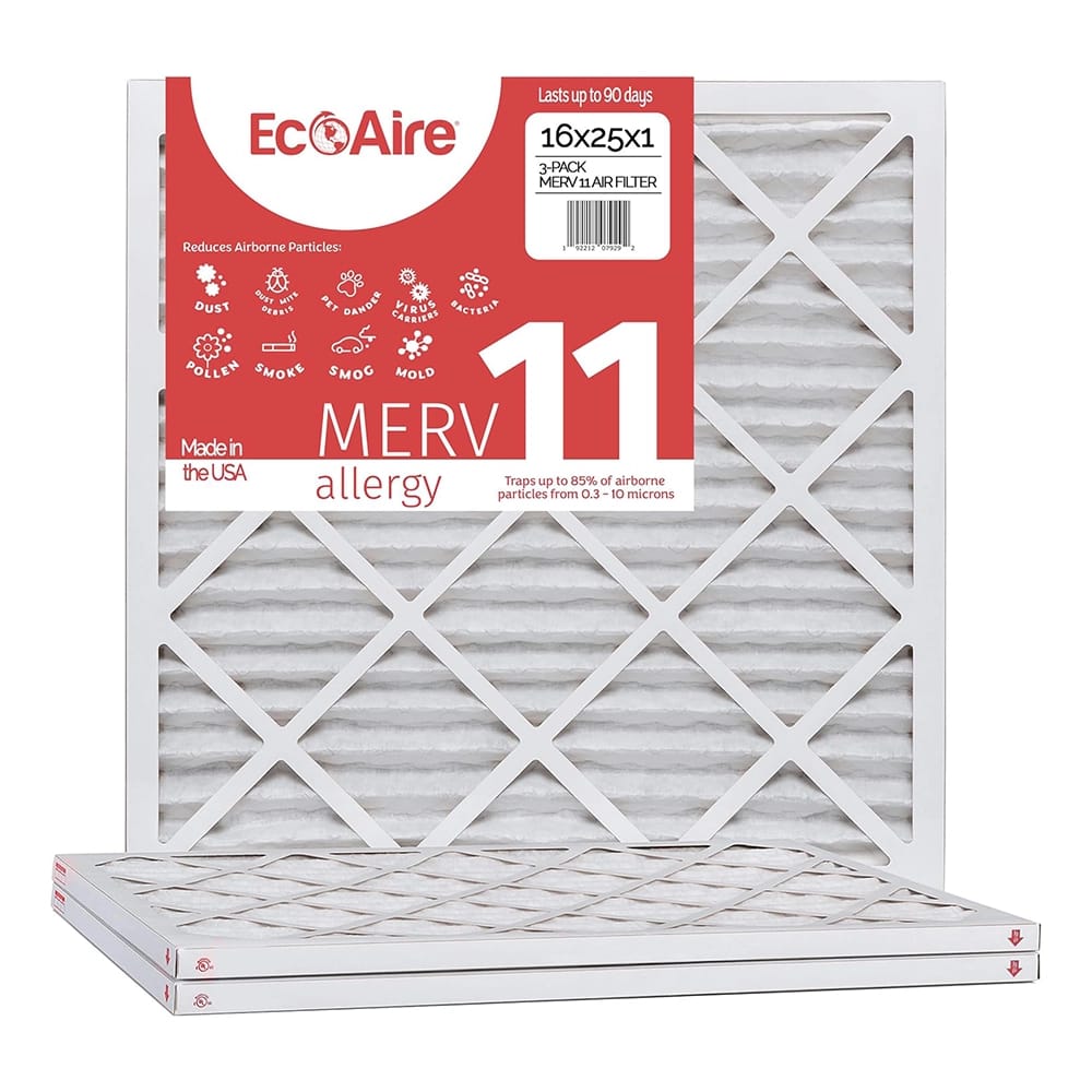 EcoAire 16" x 25" x 1" MERV 11 Pleated Air Filter, 3 Pack
