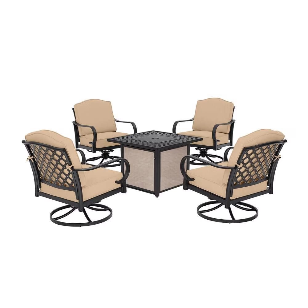 Hampton Bay Laurel Oaks 5-Piece Steel Patio Conversation Seating Set, Black/Beige
