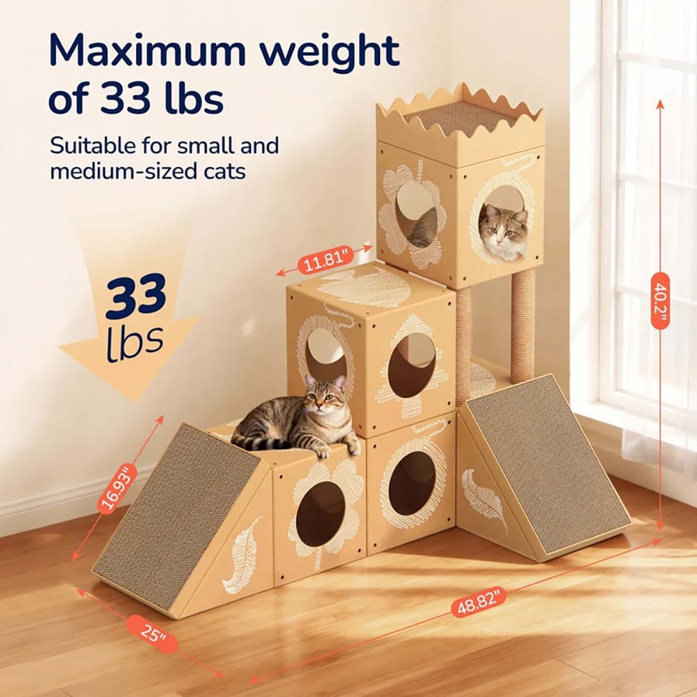 PalNests Small 3-in-1 Modular Cardboard Cat Tree & Scratcher House, Nature