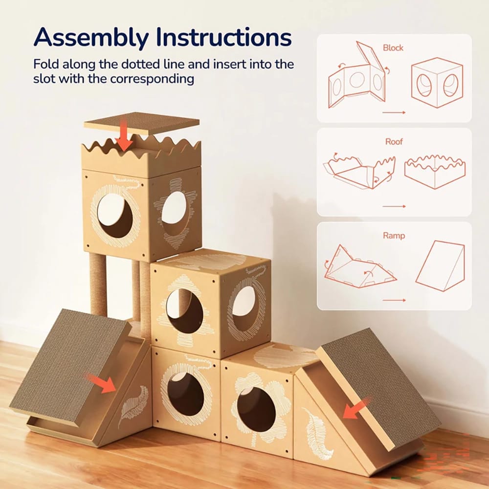 PalNests Small 3-in-1 Modular Cardboard Cat Tree & Scratcher House, Nature