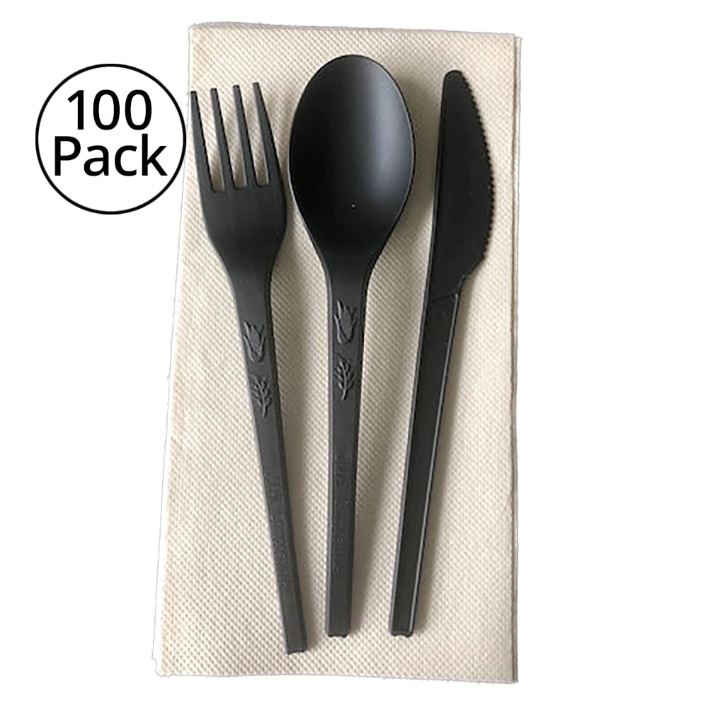 Greenables Compostable Pre-Packaged Cutlery Set, Black, 100 Pack