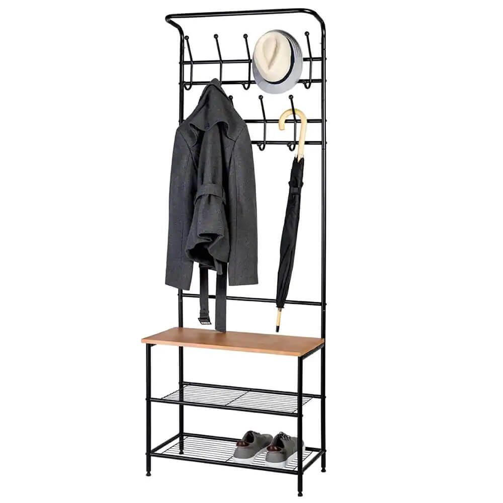 Honey-Can-Do Entryway Coat & Shoe Rack with Hooks, Natural/Black