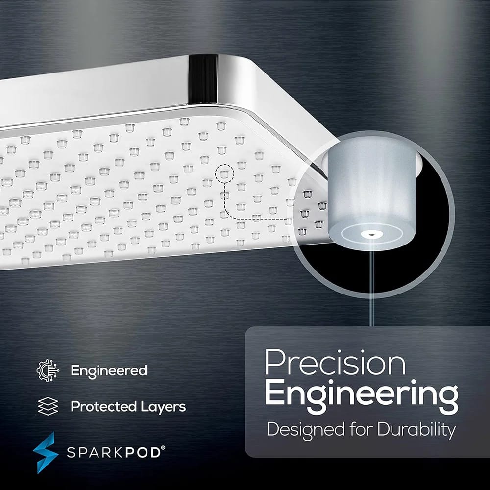 SparkPod 12" Rectangle Rain Shower Head, Chrome/White