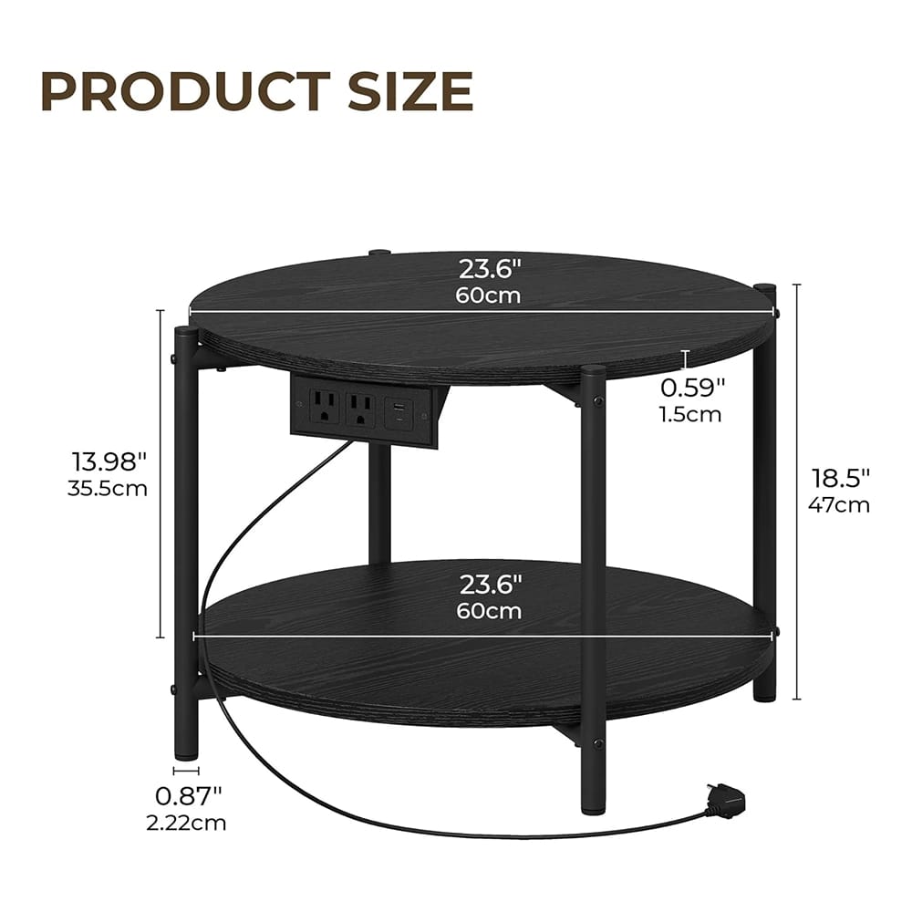 LIKIMIO 23.6" Double-Tiered Round End Tables with Charging Station, Black, 2 Count