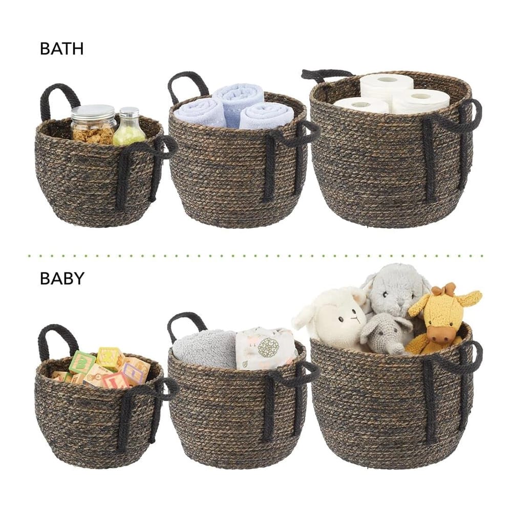 mDesign Round Woven Braided Rope Seagrass Basket, Black, 3 Pack