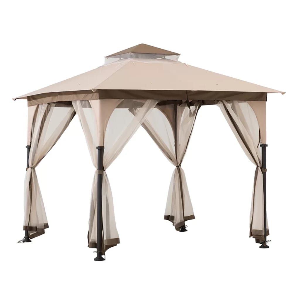 Sunjoy Outdoor Patio 2-Tier Steel Soft Top Gazebo with Ceiling Hook and Netting, 9.5' x 9.5, Brown