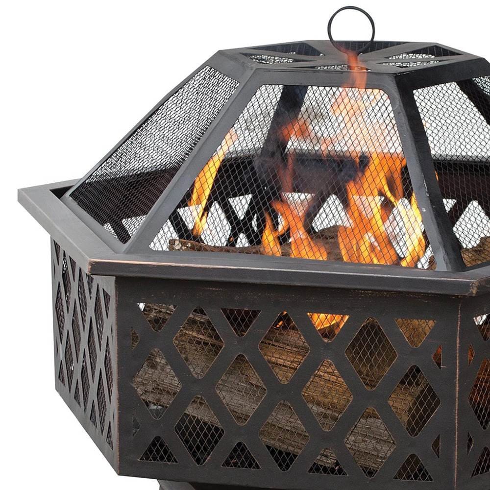 Fire Island 28" Hexagonal Bronze Steel Wood-Burning Fire Pit