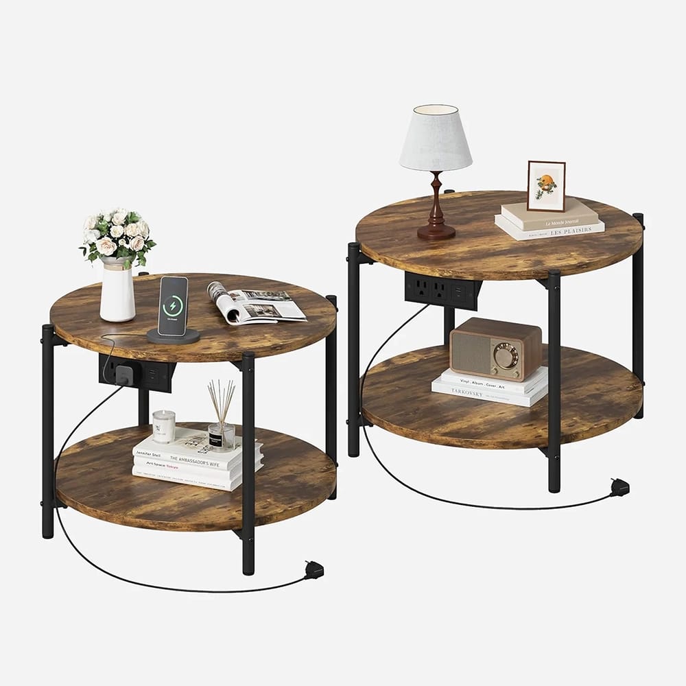 LIKIMIO 23.6" Double-Tiered Round End Tables with Charging Station, Brown, 2 Count