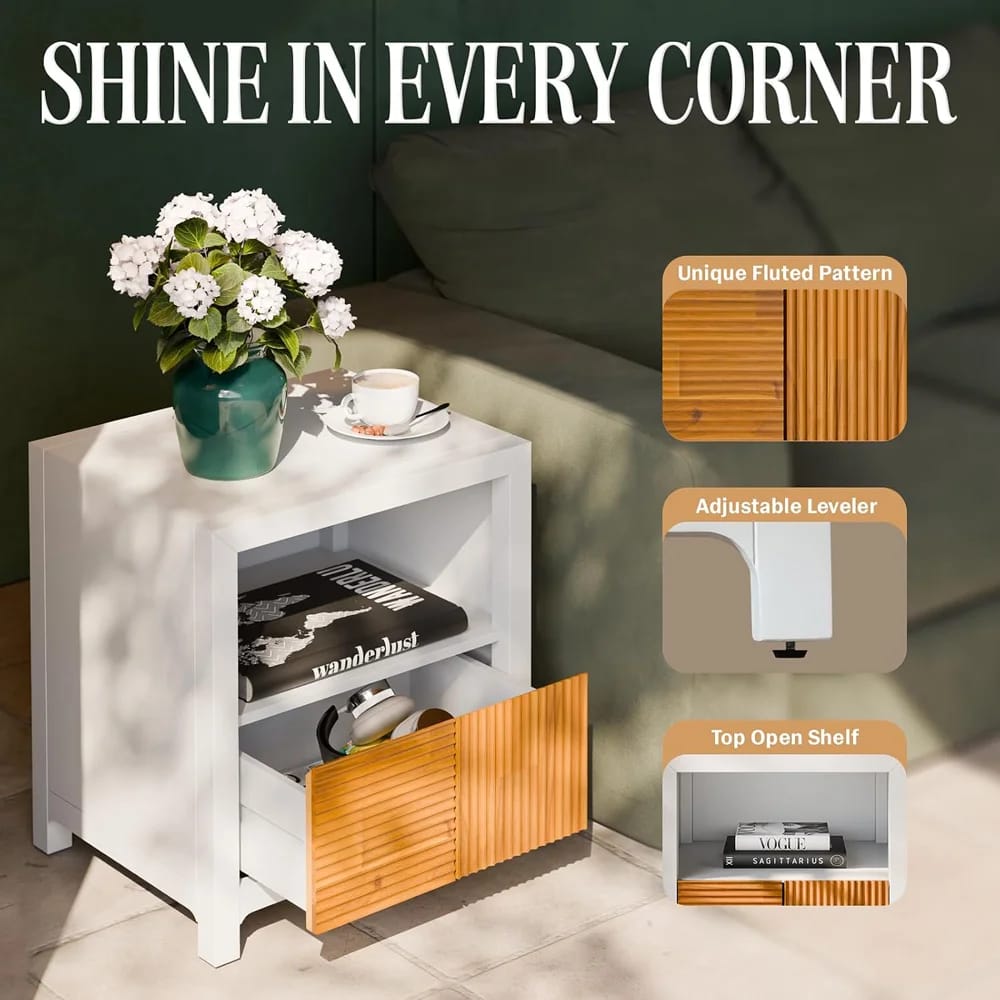 Bme Madia Solid Wood 1-Drawer Nightstand, Ivory/Teak