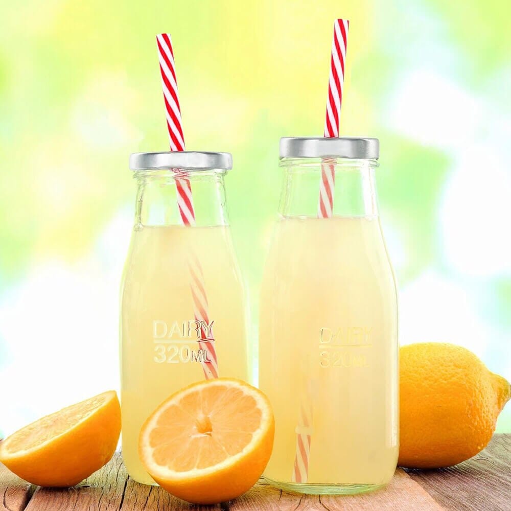 Estilo Reusable Glass Milk Bottles with Straws, 10.5 oz, Set of 6