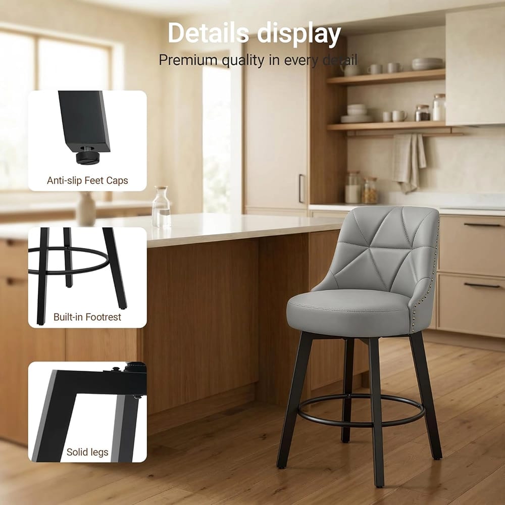Polarisys 26" Faux Leather Swivel Bar Stool, Gray, Set of 2