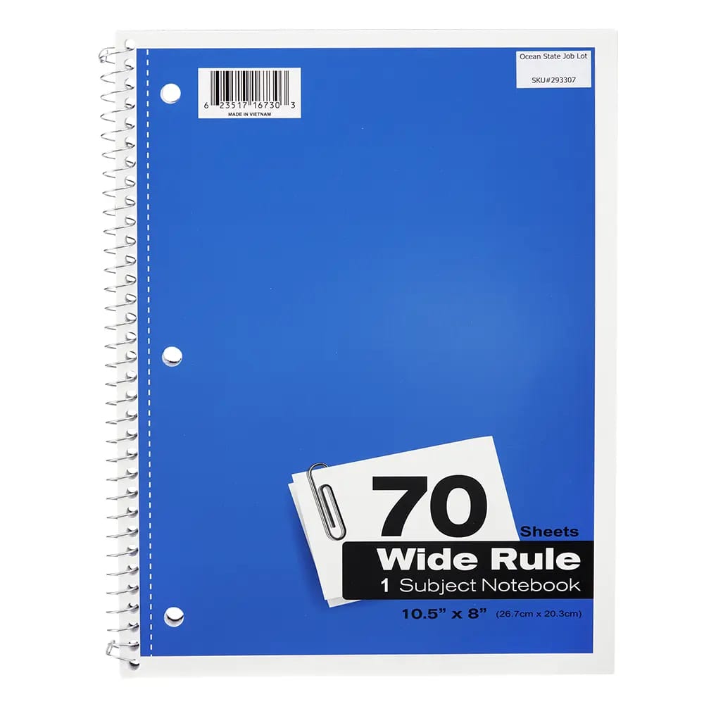 Wide Rule 1 Subject Spiral Notebook, 70 Sheet