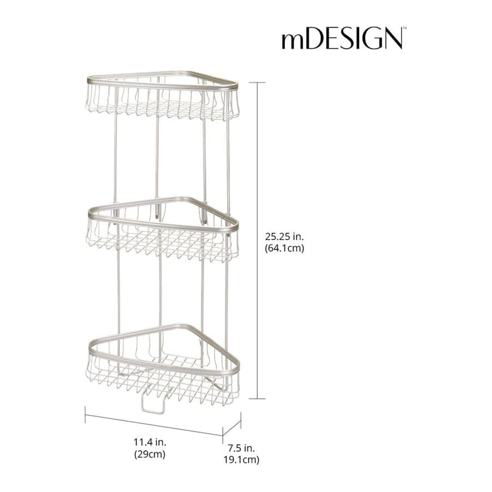 mDesign 3-Tier Bathroom Corner Shower Shelf, Satin