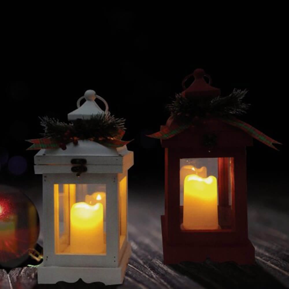 Alpine 14" Rustic Lantern with Warm White LED Candle, Set of 2, Red/White