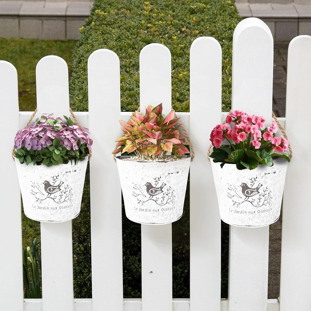 Window Garden Galvanized Flower Buckets, White, Set of 3
