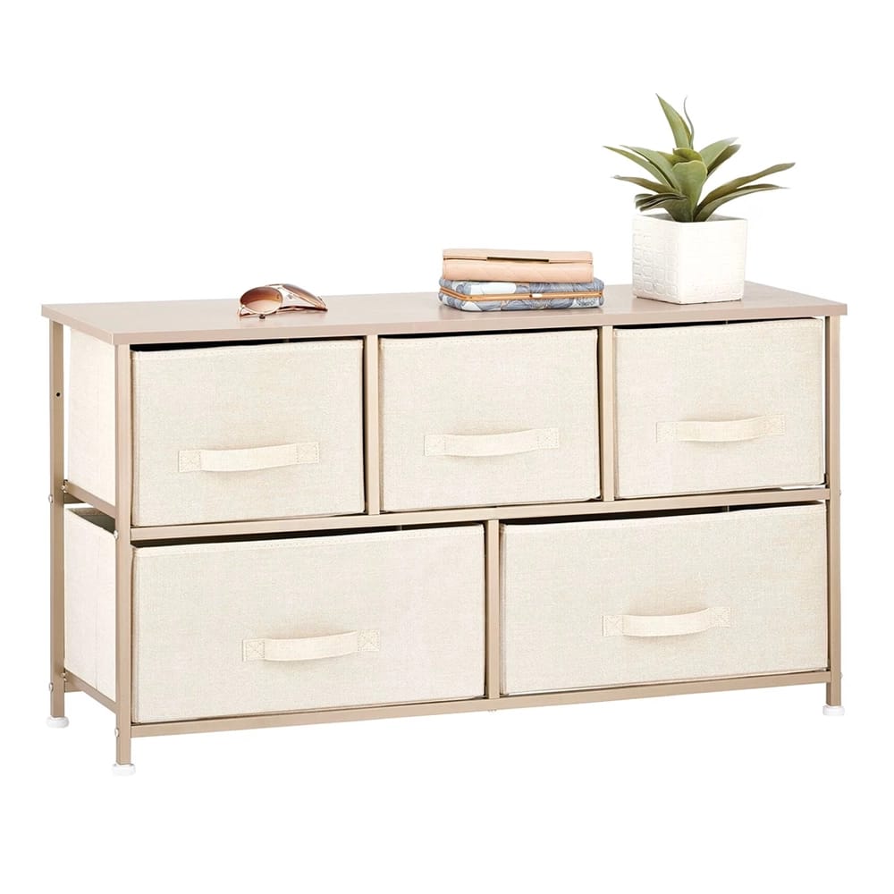 mDesign 5 Drawer Storage Dresser Furniture, Cream/Gold