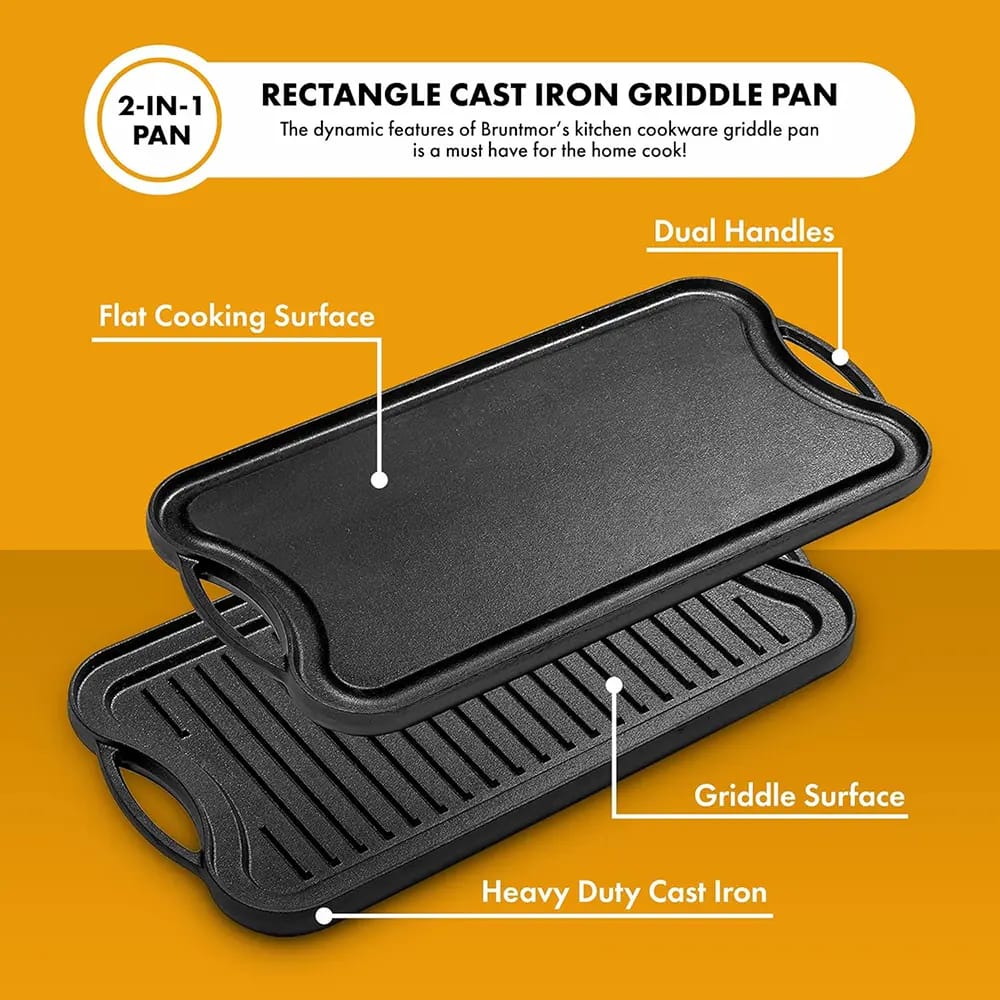 Bruntmor 2-In-1 Cast Iron Skillet Rectangle Roasting Pan With Reversible Griddle Pan