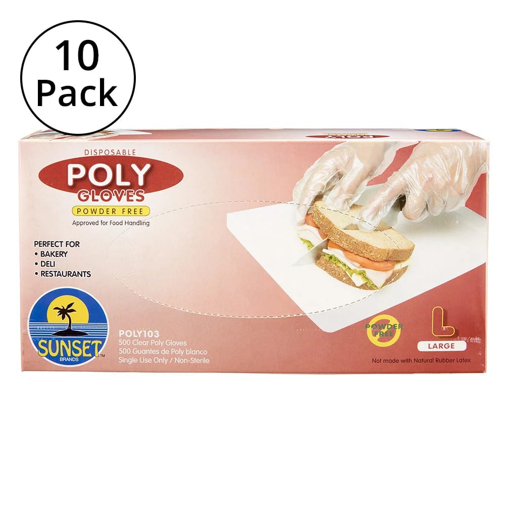 Sunset Brands Disposable Poly Food Service L Gloves, 500 ct, 10-Pack