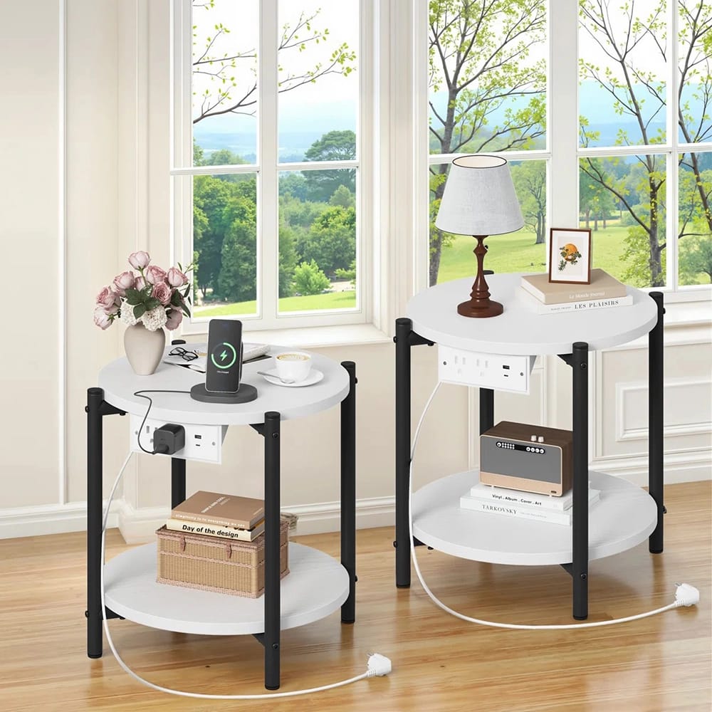 LIKIMIO 15.8" Double-Tiered Round End Tables with Charging Station, White, 2 Count