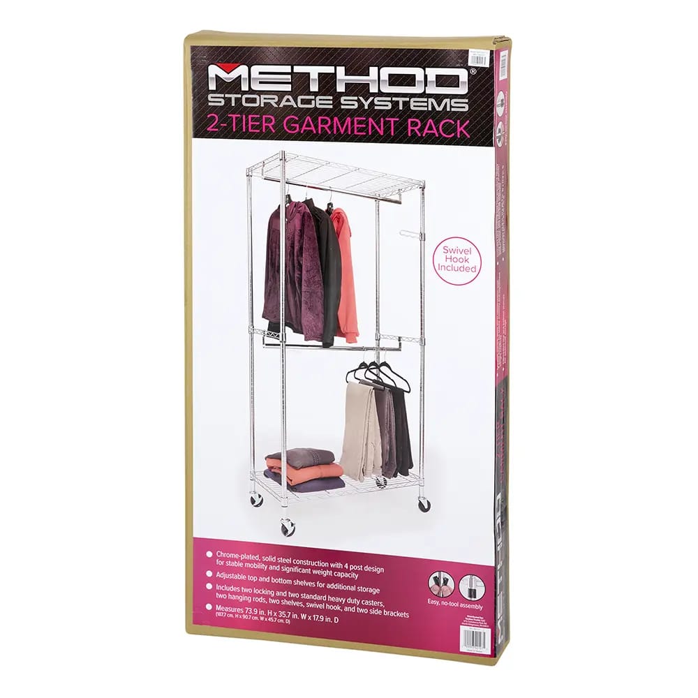 Method Storage Systems 2-Tier Garment Rack, Chrome, 35.7" W x 28" D x 74" H