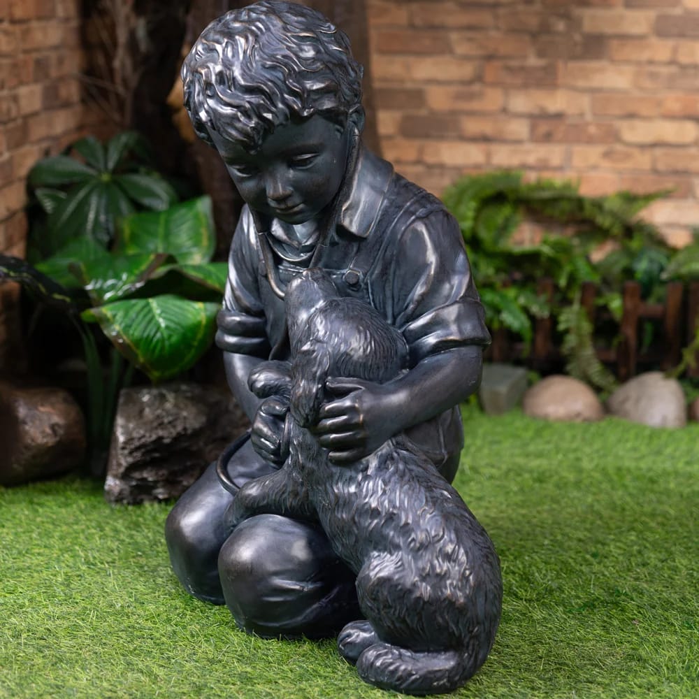 34" Boy with Puppy Garden Statue