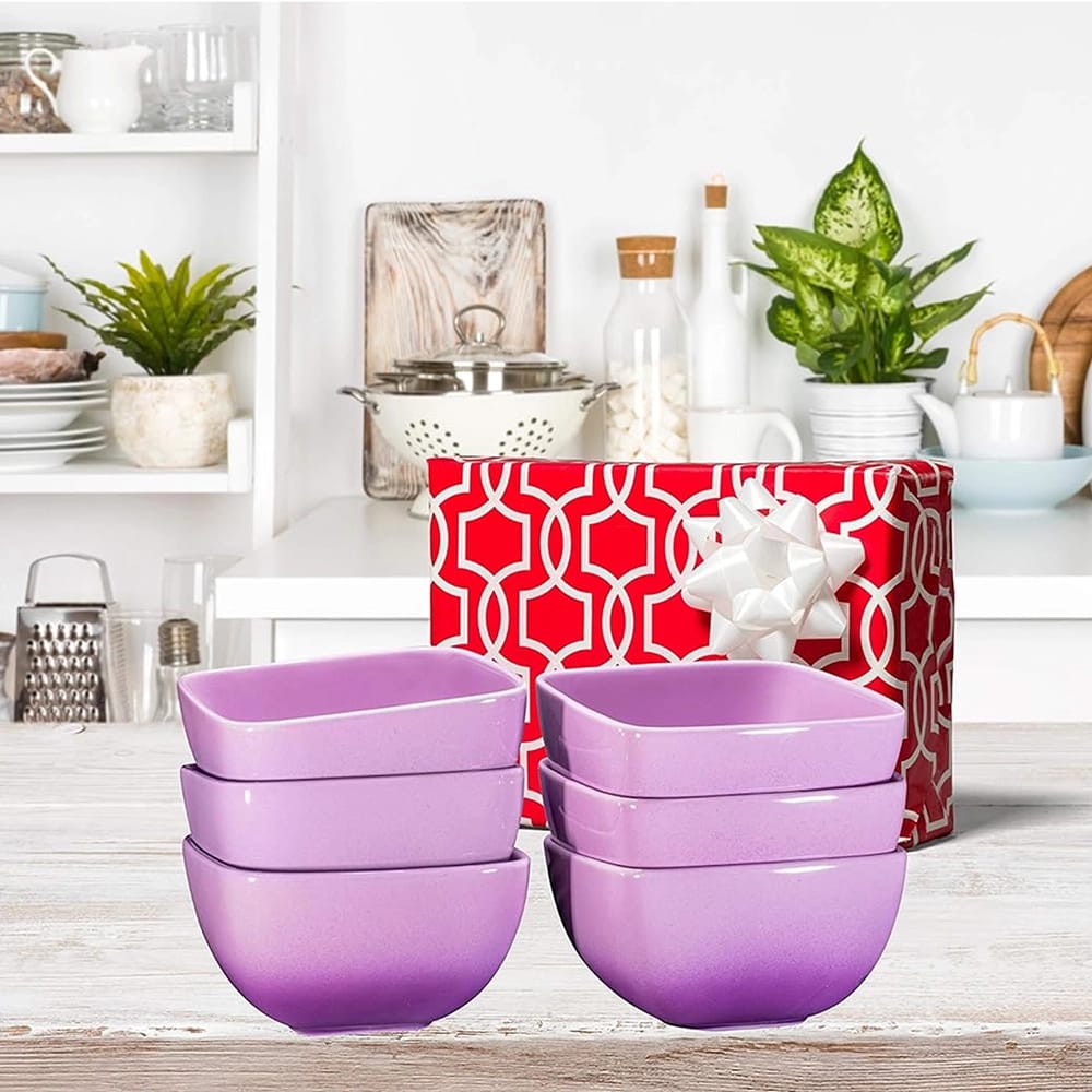 Bruntmor Large Ceramic Square Bowls, Purple, Set of 6