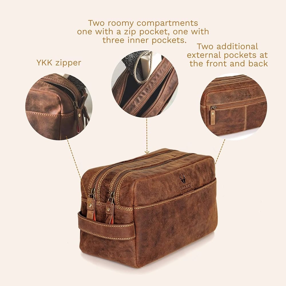 DONBOLSO Leather Toiletry Bag, Brown