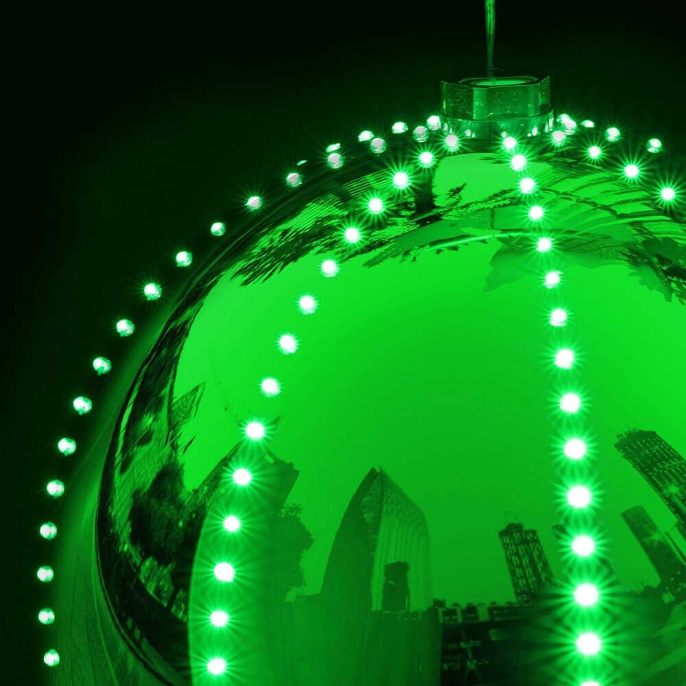 Alpine 13" Large Hanging Christmas Ball Ornament with 240 Warm White Chasing LED Lights & 6 Light Effects, Green