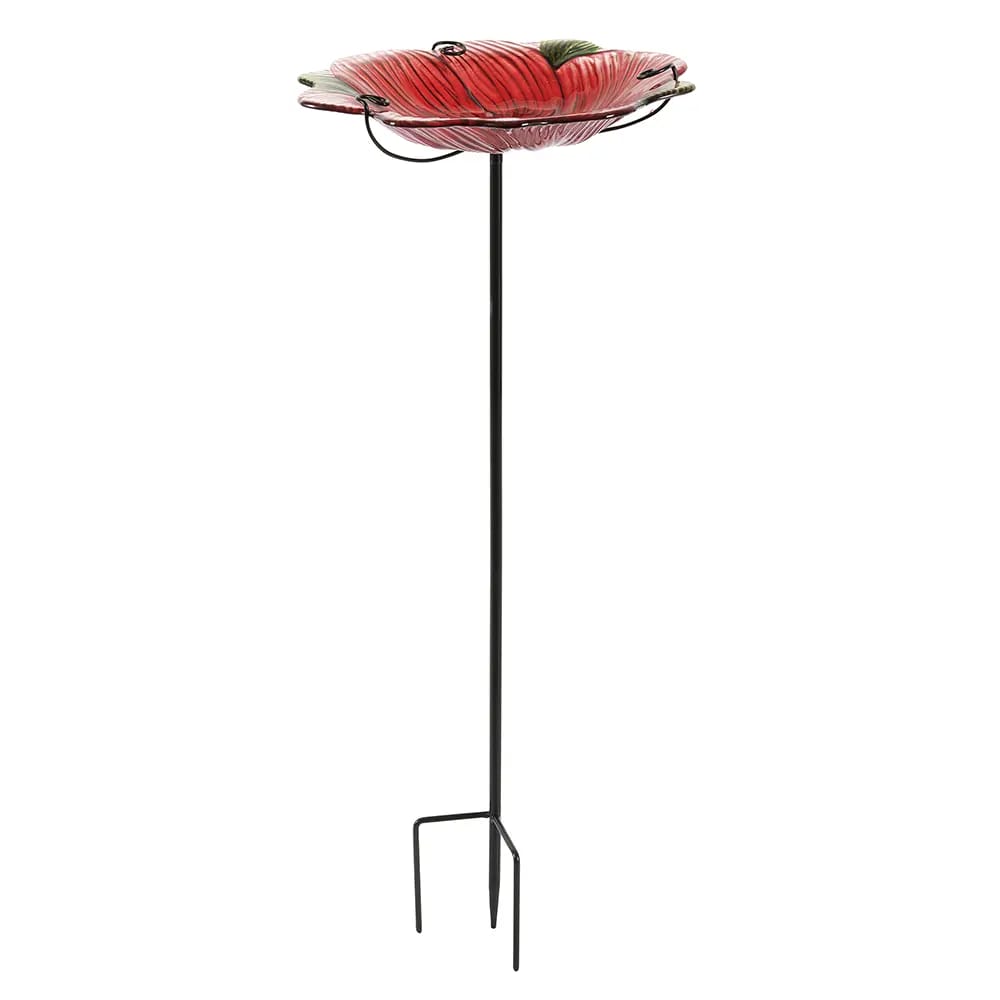 Glass Flower Bird Bath, Red, 12"