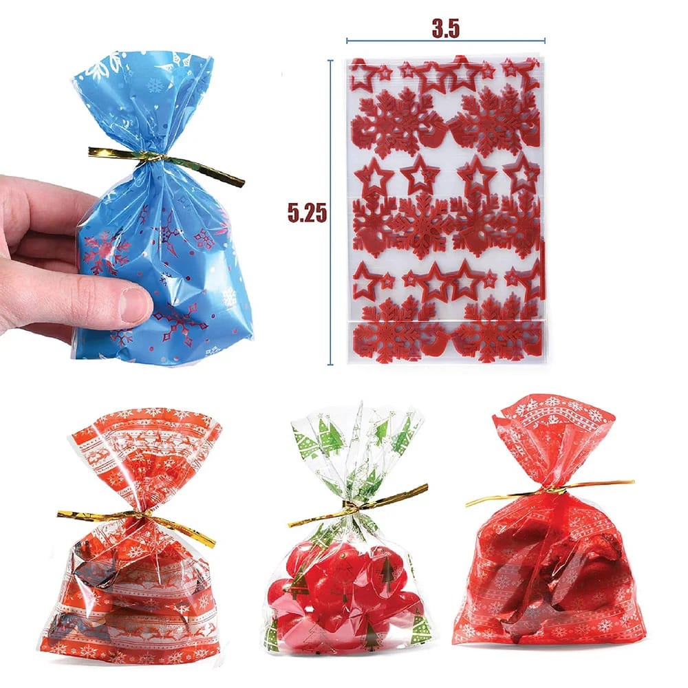 Prextex Christmas Themed Cellophane Bags with Gold Ties, 200 Pack