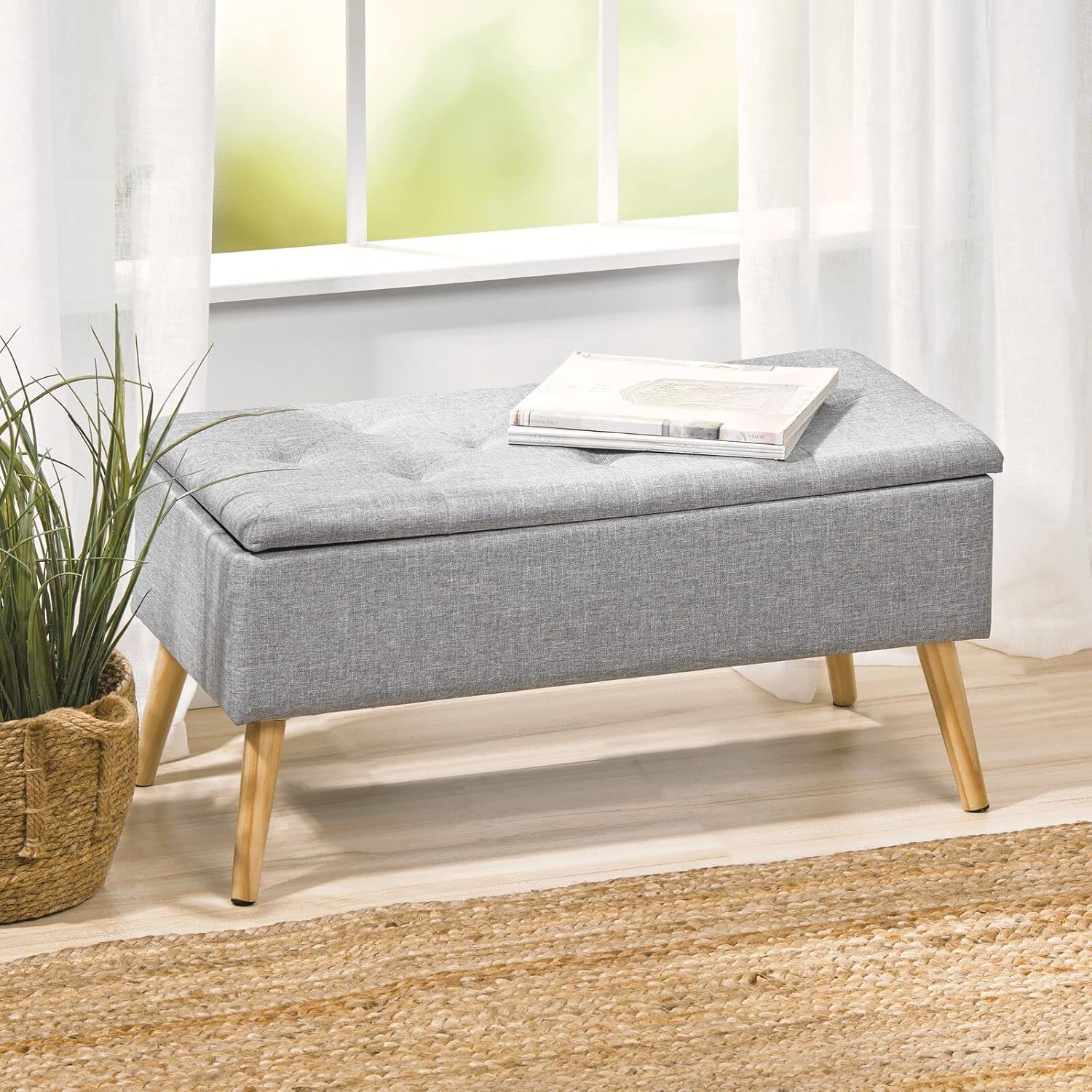 mDesign Tufted Storage Bench, Gray