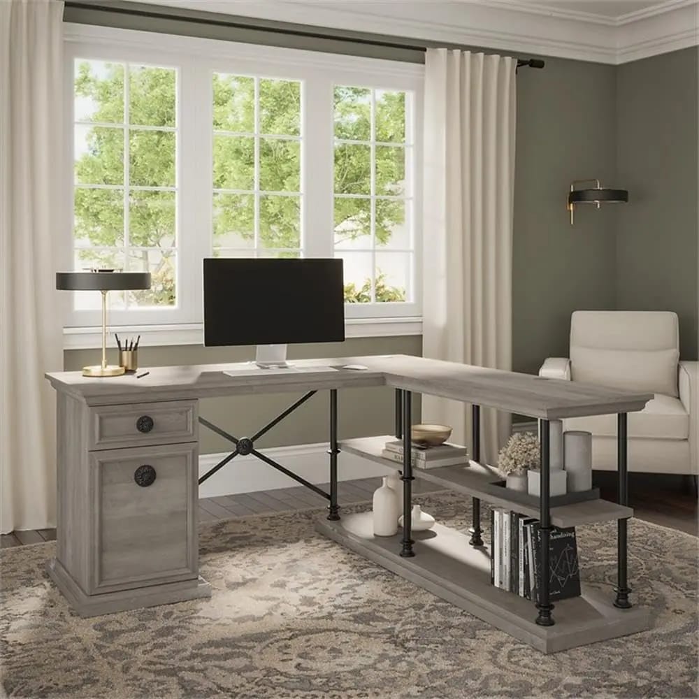 Bush Home Coliseum Designer L Shaped Desk with Storage, Driftwood Gray