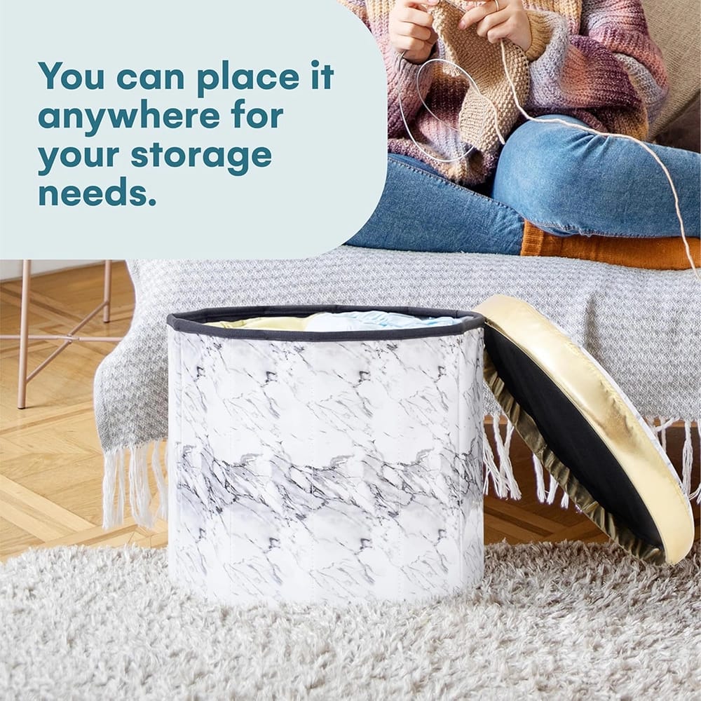 Round Footstool with Storage, White Marble