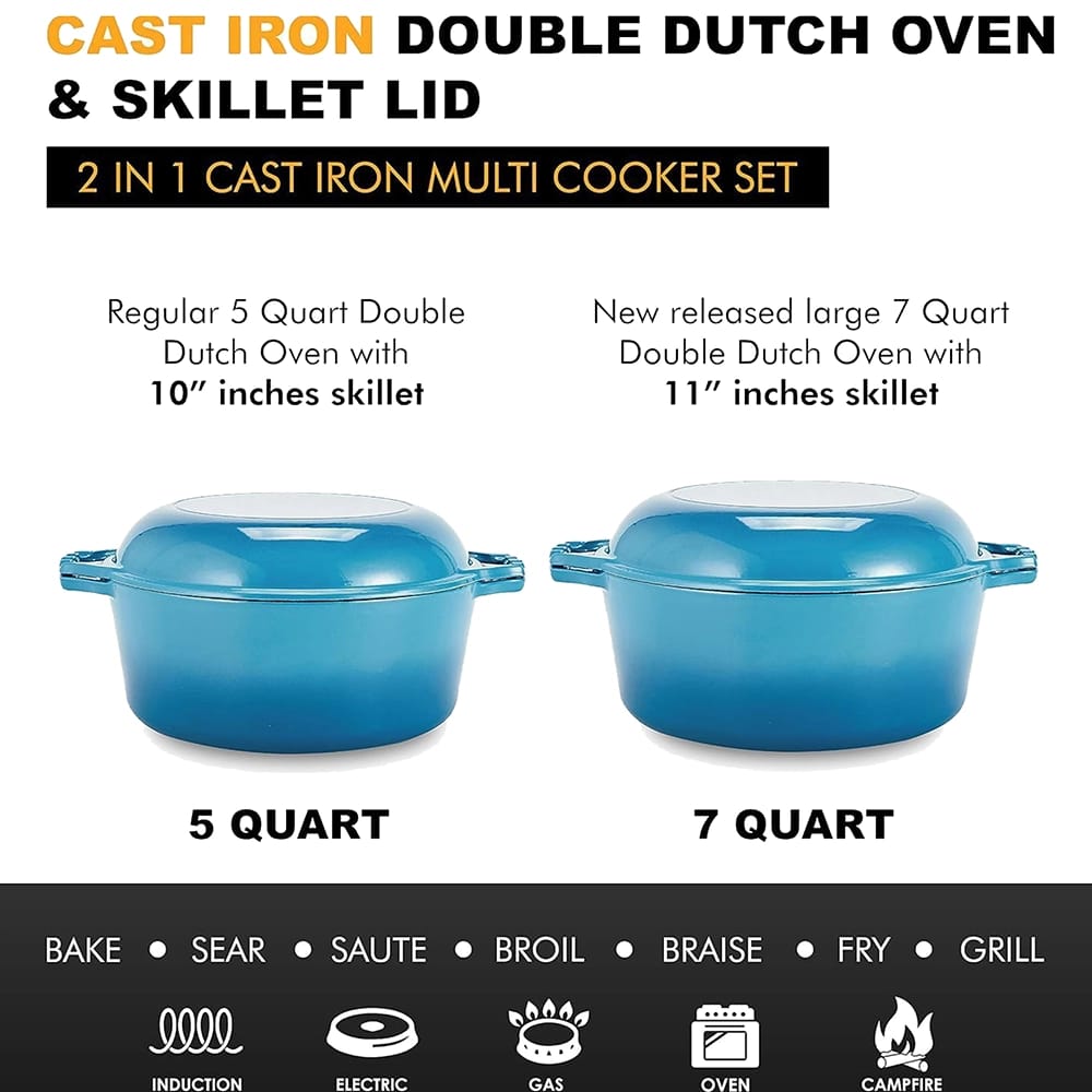 Bruntmor 2-in-1 5-Quart Enamel Cast Iron Double Dutch Oven Set, Caribbean