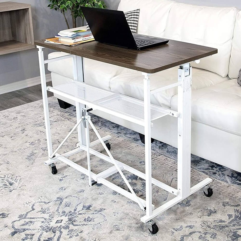 Origami Folding Stand Up Desk with Rolling Wheels, White