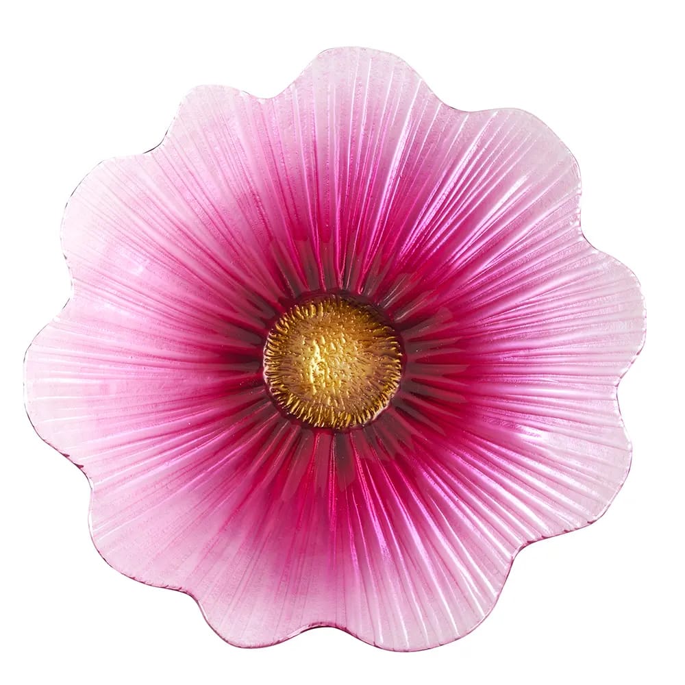 Pink Flower Glass Bird Bath, 16"