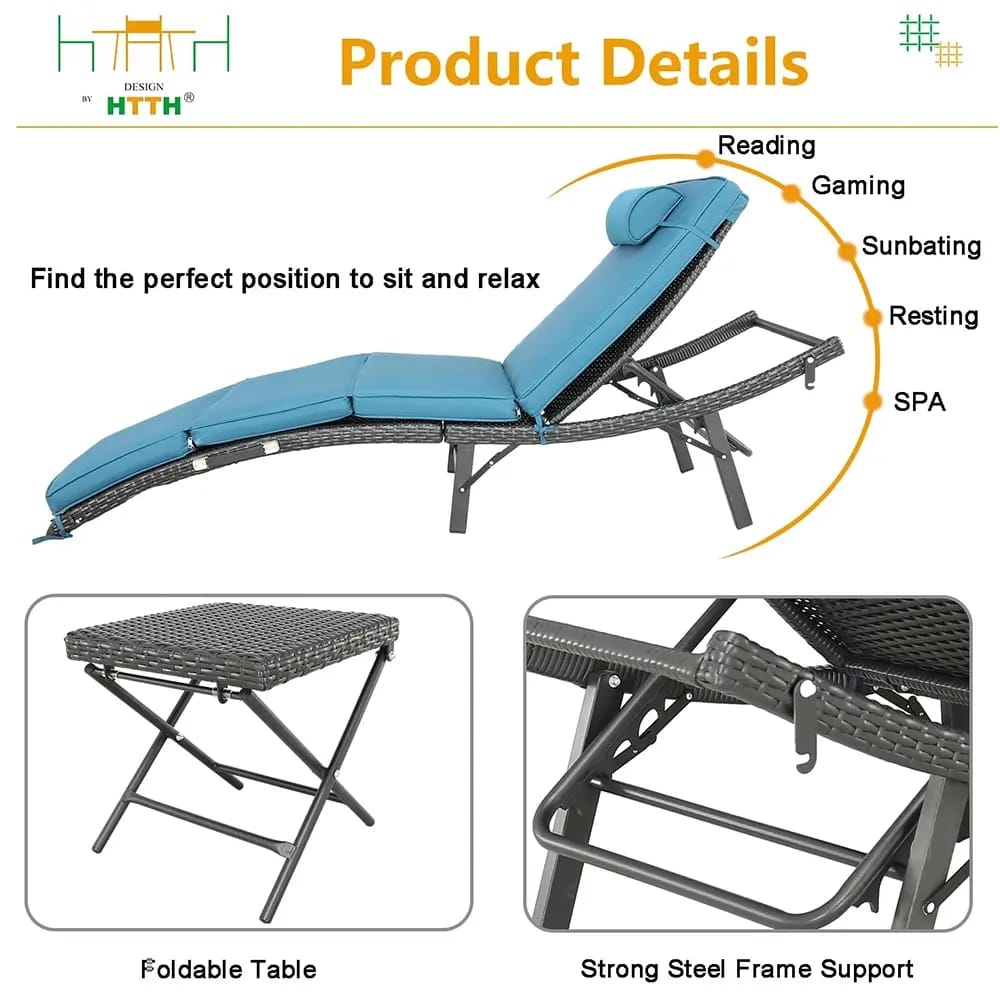 Patio Chaise Lounge Chairs Set, Peacock Blue, Set of 3