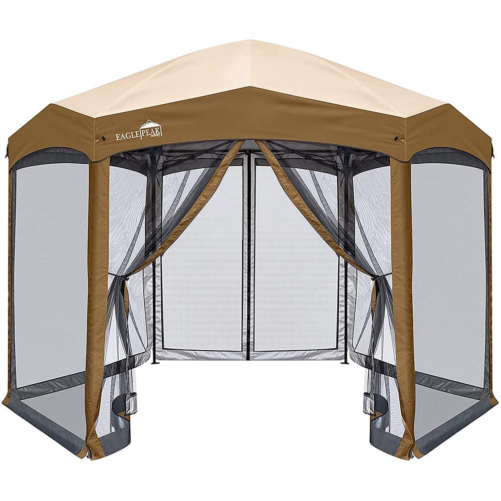 Hexagonal Pop-Up Gazebo with Mosquito Netting, Light Brown