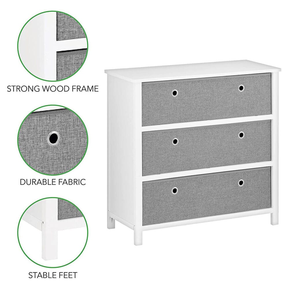 mDesign Modern Wide Dresser with 3 Fabric Storage Bins, White/Gray