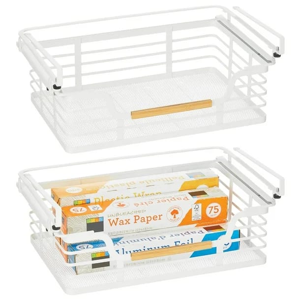 mDesign Metal Under Shelf Basket, White/Natural, 2 Pack