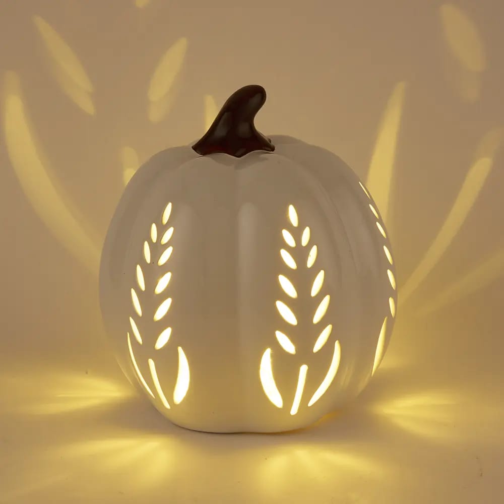 White LED Ceramic Pumpkin with Decorative Cutouts