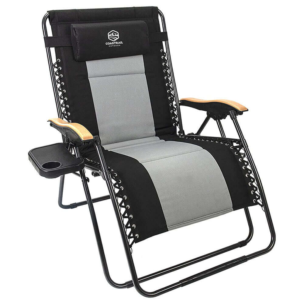 Coastrail Outdoor Zero Gravity Chair with Premium Wood-Like Armrests & Side Table with Cup Holder, Black/Gray