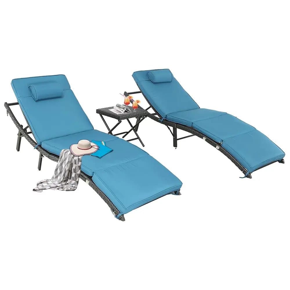 Patio Chaise Lounge Chairs Set, Peacock Blue, Set of 3