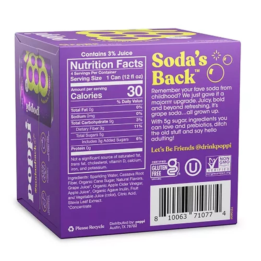 Poppi Sparkling Soda, Grape, 4 ct., 12 oz.