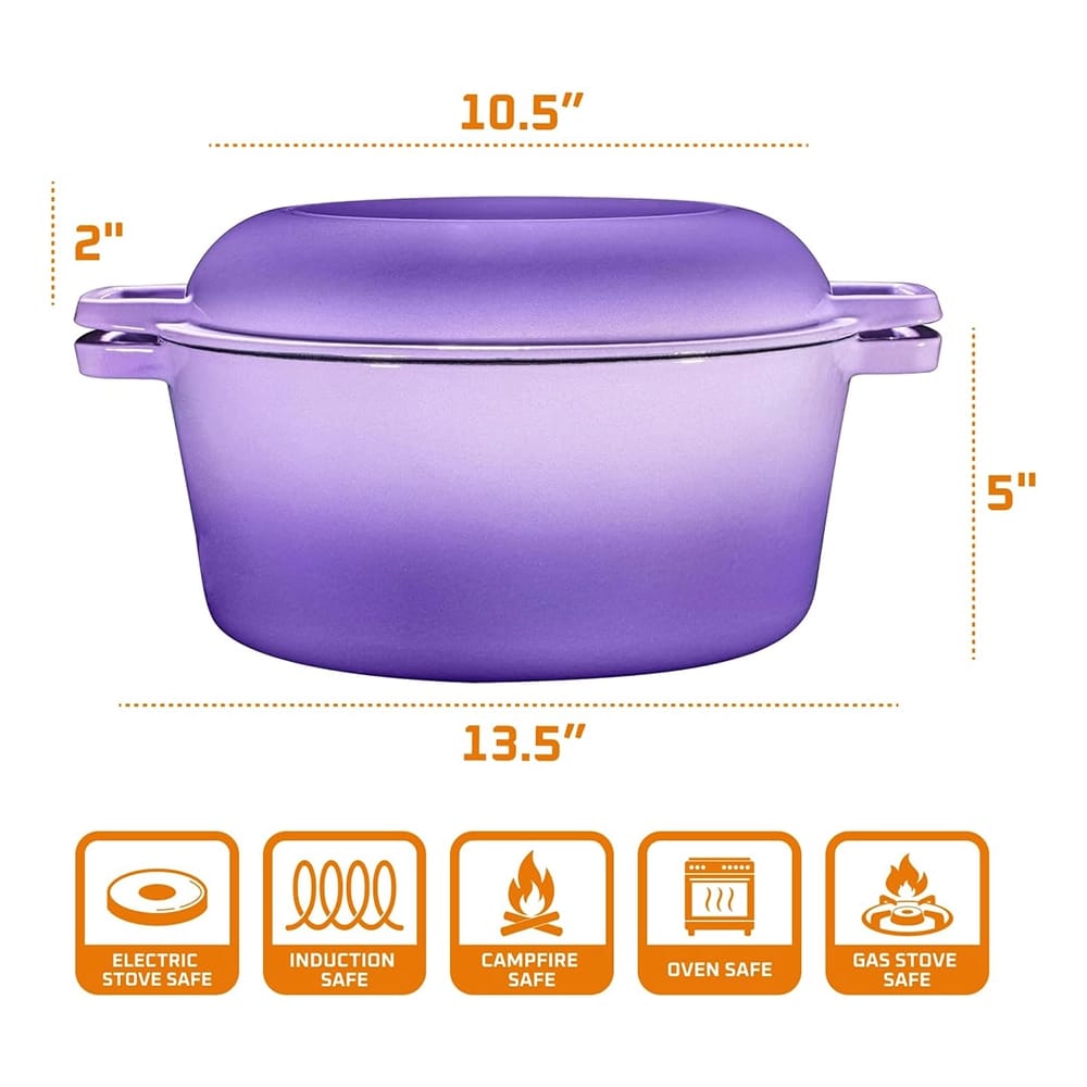 Bruntmor 5 Quart 2-in-1 Cast Iron Dutch Oven with Handles, Purple