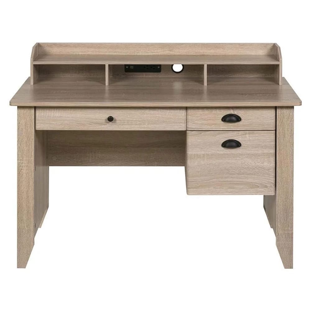 OneSpace Executive Desk with Hutch and USB Charger Hub, Light Oak