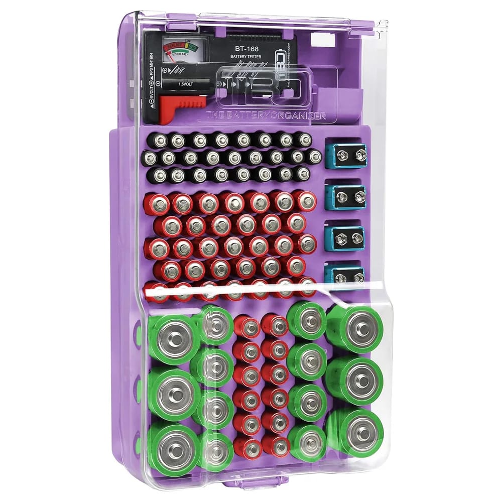 The Battery Organizer  Battery Storage Organizer with Tester and Case, Purple